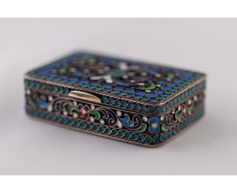 AN IMPERIAL RUSSIAN SILVER (.84 zolotniks) AND CLOISONNE ENAMEL SNUFF BOX, gilded interior, 2 1/8" (5.5cm) long