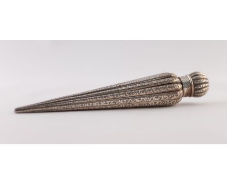 A LATE VICTORIAN SILVER SCENT FLASK, of tapered ribbed form with screw-on top chased with foliate scrollwork, by Samson Morde