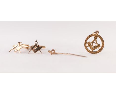 PAIR 9ct GOLD MASONIC SQUARE AND COMPASS CUFFLINKS, A MASONIC STICK PIN AND A 9ct GOLD MASONIC MEDALLION, 6.04g gross (3)