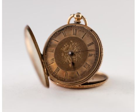 18k GOLD OPEN FACED POCKET WATCH with key wind movement, floral engraved roman dial, the case engine turned and floral and sc