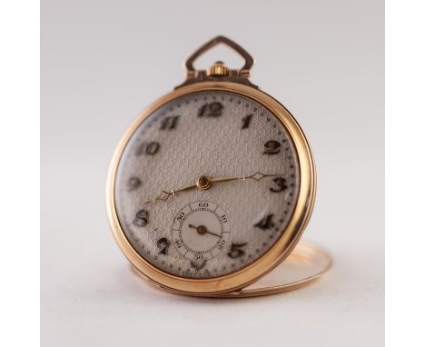 GENTLEMAN'S 9ct GOLD OPEN FACED POCKET WATCH, with keyless 15 jewels movement, the silvered honeycomb patterned circular dial