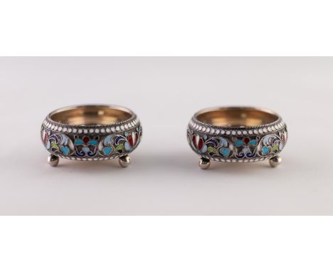 A PAIR OF SMALL IMPERIAL RUSSIAN SILVER (.84 zolotniks) AND CLOISONNE ENAMEL SALT CELLARS
