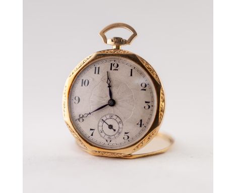 GENTLEMAN'S 18ct TWO COLOUR GOLD OPEN FACED POCKET WATCH, with keyless movement, circular silvered arabic dial with subsidiar