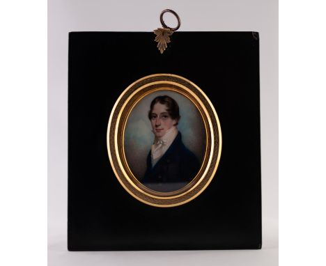 ATTRIBUTED TO GEORGE ENGLEHEART (1750-1829), A GOOD OVAL PORTRAIT MINIATURE ON IVORY OF A YOUNG GENTLEMAN FACING LEFT, wearin