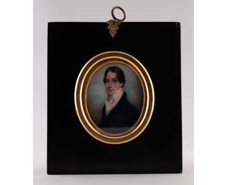 ATTRIBUTED TO GEORGE ENGLEHEART (1750-1829), A GOOD OVAL PORTRAIT MINIATURE ON IVORY OF A YOUNG GENTLEMAN FACING LEFT, wearin