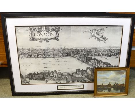 Large framed panoramic print "Long View of London from Bankside 1647", after original full view by Wenceslas Hollar &amp; sma