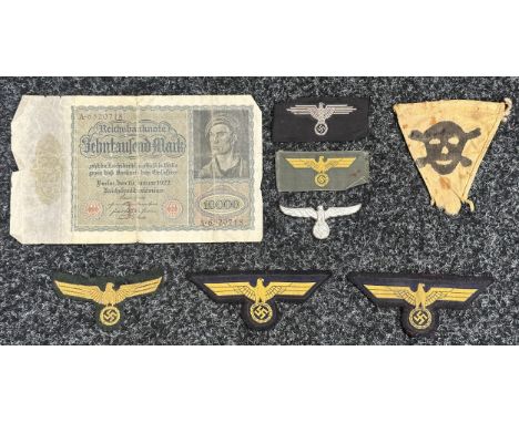 WW2 Third Reich Cloth insignia to include: uncut Bevo Waffen SS Feldmutze eagle, uncut Bevo Kriegsmarine Coastal Artillery ca