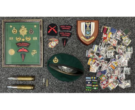 Post War British Royal Marines items to include RM Green Beret size 57 by Kangol with WW2 Kings Crown cap badge, cloth and me