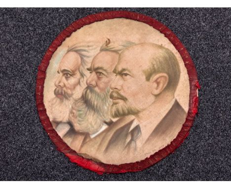 WW2 Soviet Union Propaganda Portrait panel featuring Marx, Engels and Lenin. Signed and dated "P Rysev 1939r". Canvas over a 
