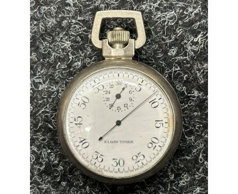 WW2 British issue US Made Stopwatch by Elgin Timer. White enamel dial with separate minutes dial. Reverse of case marked with