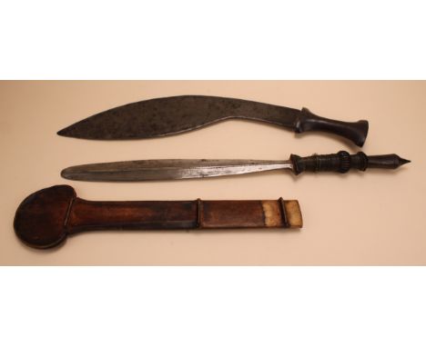 A Maasai sword, 35cm blade, iron hilt and pommel, copper wire grip, hide scabbard, 58cm long overall, Kenya, East Africa; a N