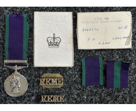 ERII General Service Medal with South Arabia Clasp to "2548574 WOII PH Lakeman, REME". Complete with ribbon and in original b