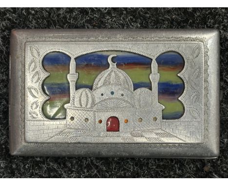WW2 Italian Prisoner of War Trench Art Cigarette Case. Made from aircraft alluminium with scene of a North Africa Mosque to t