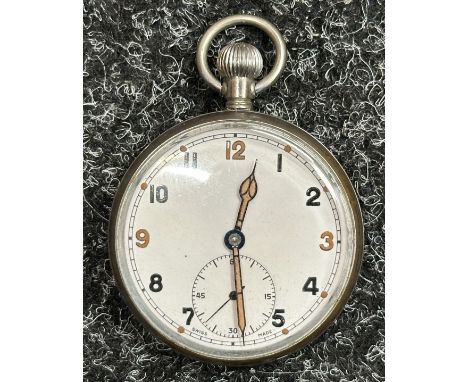 WW2 British Tissot Calibre 43 Pocket Watch with white enamel dial, separate seconds dial. Marked "Swiss Made". Reverse of cas