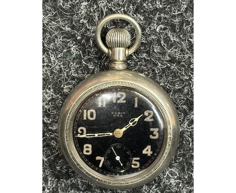 WW2 British Royal Navy Issue Pocket Watch by Elgin. Black dial with Arabic numerals, separate seconds dial. Reverse of case m