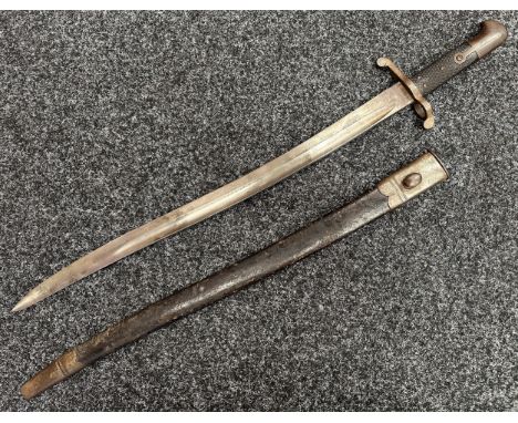 British P1860 Martini Henry Yataghan sword bayonet with curved fullered blade 577mm in length. German made with Knights Helme