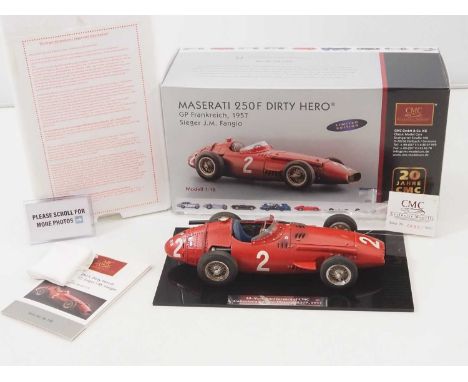 A CMC M-148 1/18 scale diecast Maserati 250F #2 GP France "Fangio", 1957 race car, limited edition "DIRTY HERO" 20 Years of C