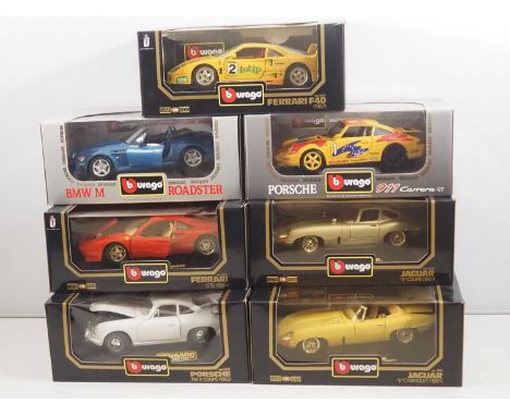 A group of BBURAGO 1:18 scale diecast cars to include Porsches, Jaguars etc - VG/E in VG boxes (7)