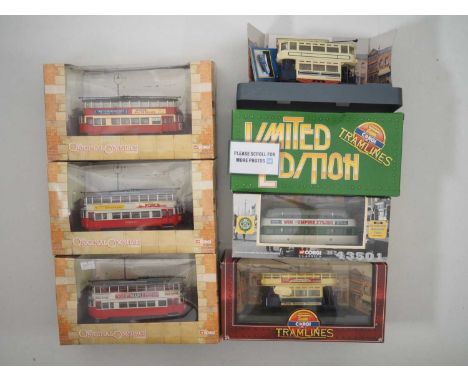 A group of 1:76 scale CORGI OOC diecast trams including London Felthams and a Blackpool Balloon together with a pair of large
