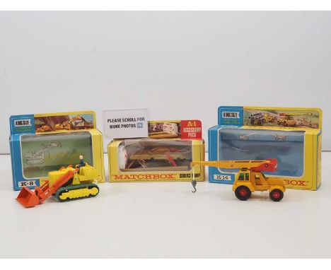 A pair of MATCHBOX King Size diecast construction vehicles comprising a K-8 Caterpillar Traxcavator and a K-14 Jumbo Crane to