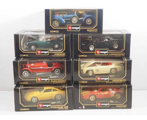 A group of BBURAGO 1:18 scale diecast cars to include Porsches, Bugatti etc - VG/E in VG boxes (7)