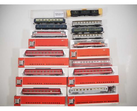 A large group of HO gauge French outline rolling stock, mainly by JOUEF to include two electric locomotives in SNCF livery - 