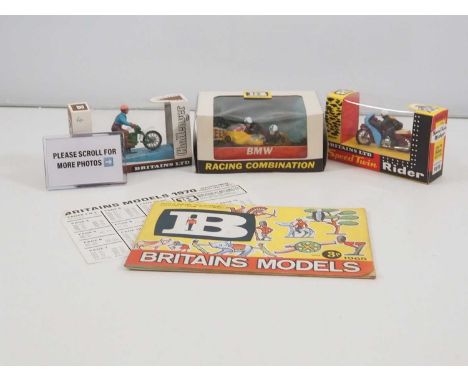 A group of BRITAINS 1:32 scale diecast racing motorbikes/combination comprising 9691/6/9 together with a 1965 BRITAINS catalo