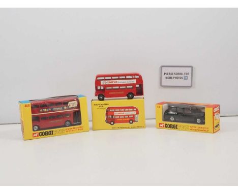 A group of diecast London public transport vehicles comprising a CORGI 418 Austin London Taxi, a CORGI 468 Routemaster Bus 'O