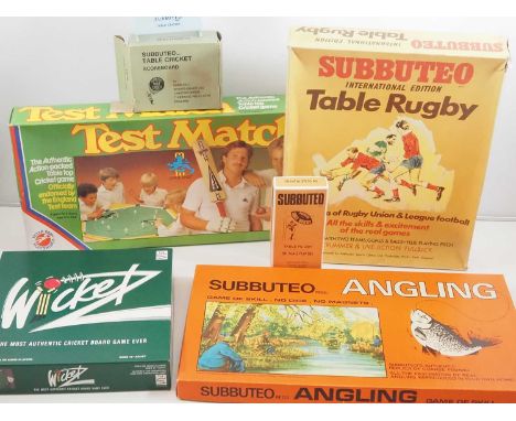 A group of tabletop sporting games by SUBBUTEO and others including Rugby, Cricket and Angling - VG/E in G/VG boxes (6)