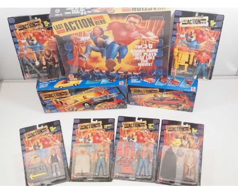 A group of MATTEL 'The Last Action Hero' toys comprising 6x action figures, 2x vehicles and a 3D board game, all factory seal