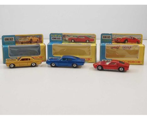 A group of MATCHBOX King Size diecast cars comprising a K-21 Mercury Cougar, a K-22 Dodge Charger and a K-24 Lamborghini Miur