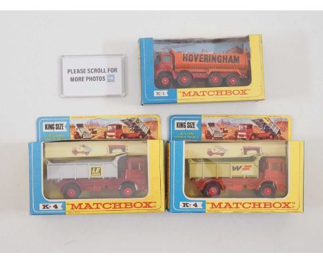 A group of MATCHBOX King Size diecast lorries comprising a K-1 Foden Tipper Truck, and 2x K-4 Leyland Tipper Trucks in differ