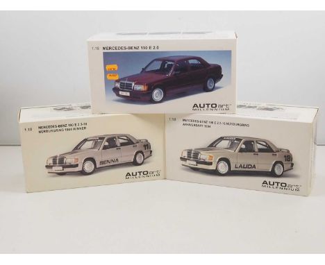 A group of AUTOART 1:18 scale diecast Mercedes 190E cars to include LAUDA and SENNA special editions for the Nürburgring Anni