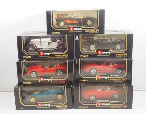 A group of BBURAGO 1:18 scale diecast cars to include Ferraris, Bugatti etc - VG/E in VG boxes (7)