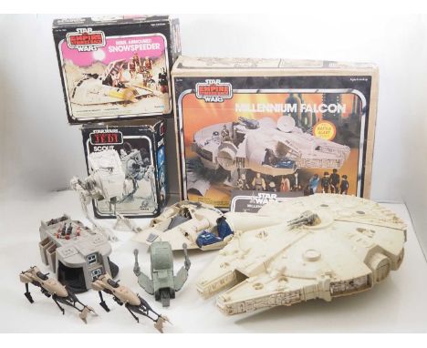 Star Wars: A group of vintage PALITOY / KENNER Star Wars vehicles to include a Millennium Falcon, Snowspeeder, Scout walker, 