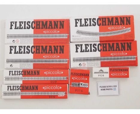 A group of FLEISCHMANN N gauge Piccolo boxed track comprising straights, curves, rack track and accessories, boxes appear com