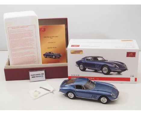 A CMC M-239 1/18 scale diecast Ferrari 275 GTB/C touring car, 1966, California-Blue, with accessories and paperwork - VG/E in