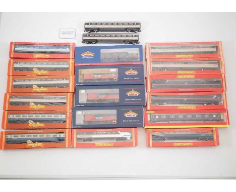 A group of OO gauge Mark 2,3 and 4 passenger coaches by HORNBY and BACHMANN together with a group of BACHMANN Mark 1 RES coac