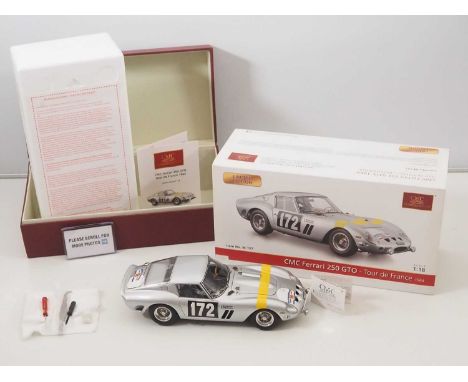 A CMC M-157 1/18 scale diecast Ferrari 250 GTO race car in silver, Tour de France 1964 #172 L. BIANCHI / G. BERGER, with orig