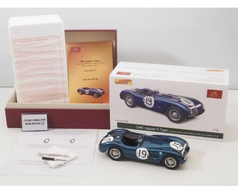 A CMC M-192 1/18 scale diecast Jaguar C-Type race car, blue, 1954 Goodwood Member's Meeting, Ecurie Ecosse #19 Jimmy Stewart,