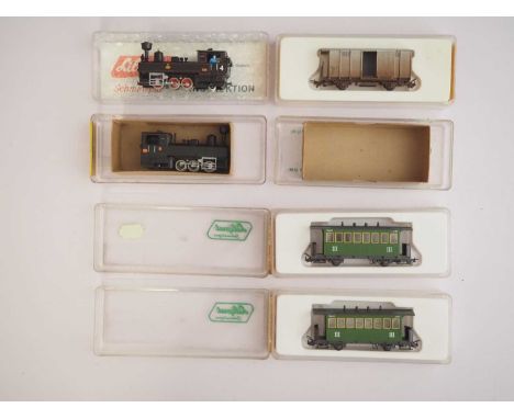 A group of LILIPUT HOe scale rolling stock comprising two steam locos (one boxed, one unboxed), a wagon and two coaches - G/V