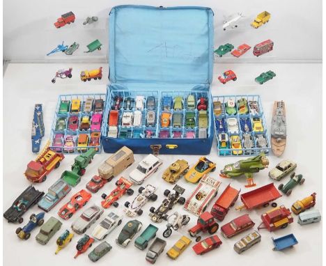 A large quantity of vintage playworn diecast vehicles by DINKY, CORGI, MATCHBOX and others including a MATCHBOX carry case - 
