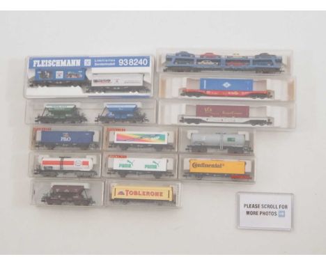 A group of N gauge wagons by FLEISCHMANN, including 2x twin packs and some Swiss special editions, mostly modern image - VG/E