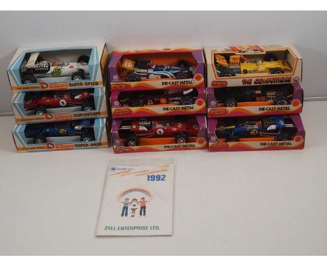 A group of ZYLMEX (Hong Kong) 1:20 scale (approx) diecast Formula 1 cars circa 1970s/80s together with a later 1992 dealer tr
