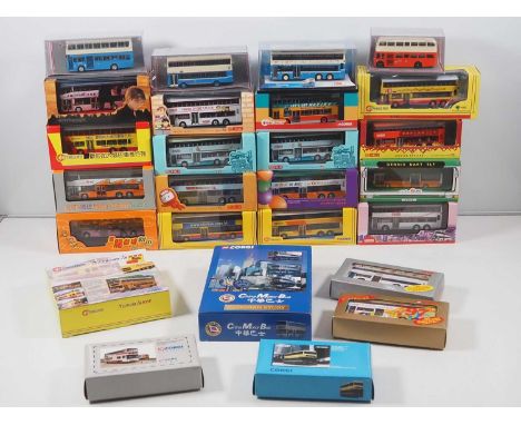 A large group of diecast 1:76 scale buses by CORGI OOC, all Hong Kong examples, including a twin and triple pack - VG/E in VG