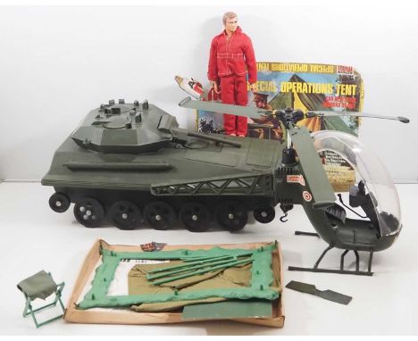 A group of PALITOY Action Man items comprising a tank, helicopter and boxed Special Operations Tent (unchecked for completene