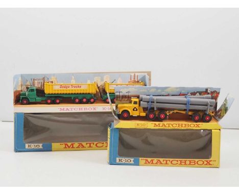 A pair of MATCHBOX King Size diecast articulated lorries comprising a K-10 Pipe Truck and a K-16 Dodge Tractor with Twin Tipp