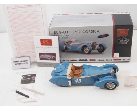 A CMC M-129 1/18 scale diecast Bugatti 57 SC Corsica, 1938 Sports-Version touring car, with original tag, accessories and pap