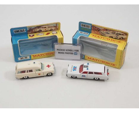 A pair of MATCHBOX King Size diecast emergency vehicles comprising a K-6 Mercedes Benz Ambulance and a K-23 Mercury Police Ca