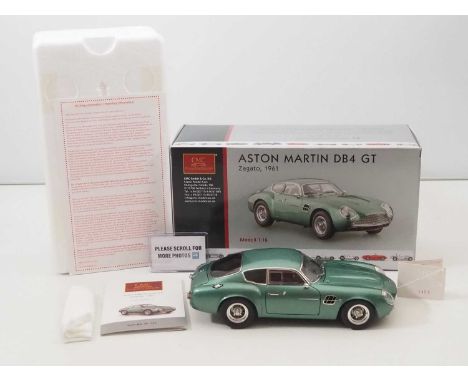 A CMC M-132 1/18 scale diecast Aston Martin DB4 GT Zagato touring car, 1961 - metallic green, with original tag, accessories 